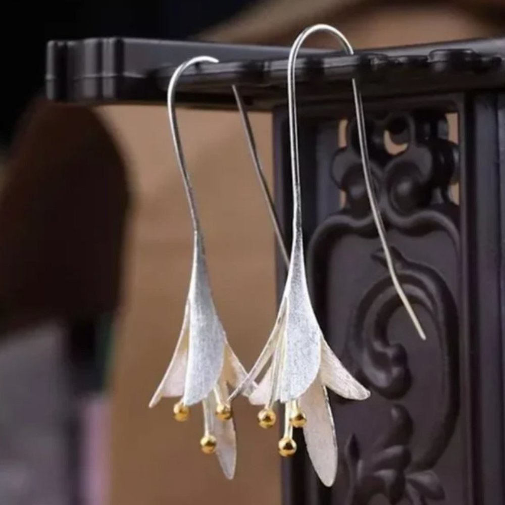 Beautiful Unique Silver Hanging Japanese Flower Earrings with Gold Accents - Picture 2 of 6